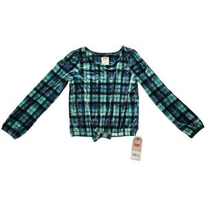 Levi’s Plaid Velour Feel Tie Front Long Sleeve Top Green Blue Girls M 10–12